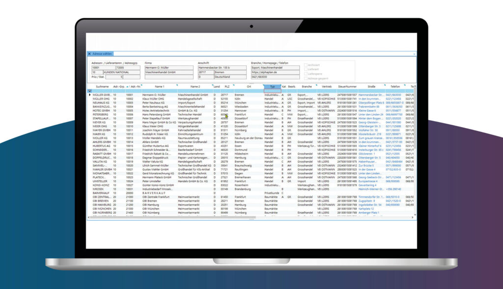 Screenshot ALPHAPLAN Warenwirtschaftssystem Adresssuche