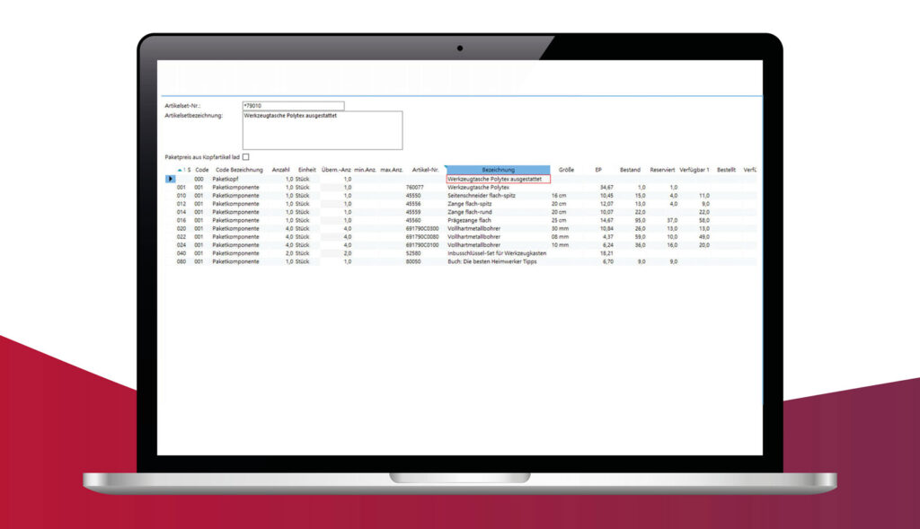 Screenshot ALPHAPLAN Warenwirtschaftssystem Artikelsetsuche