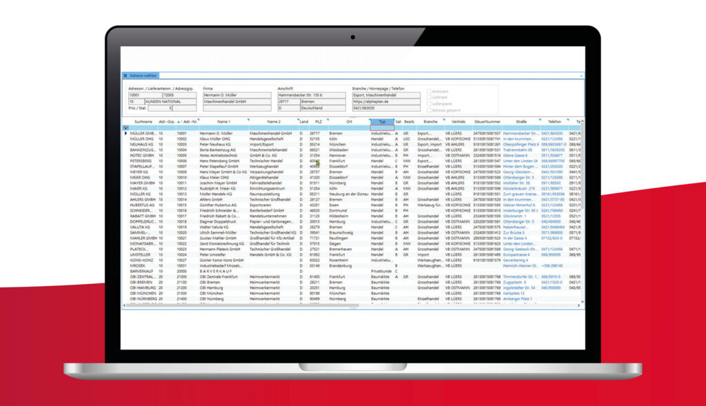 Screenshot ALPHAPLAN ERP-System Adresssuche