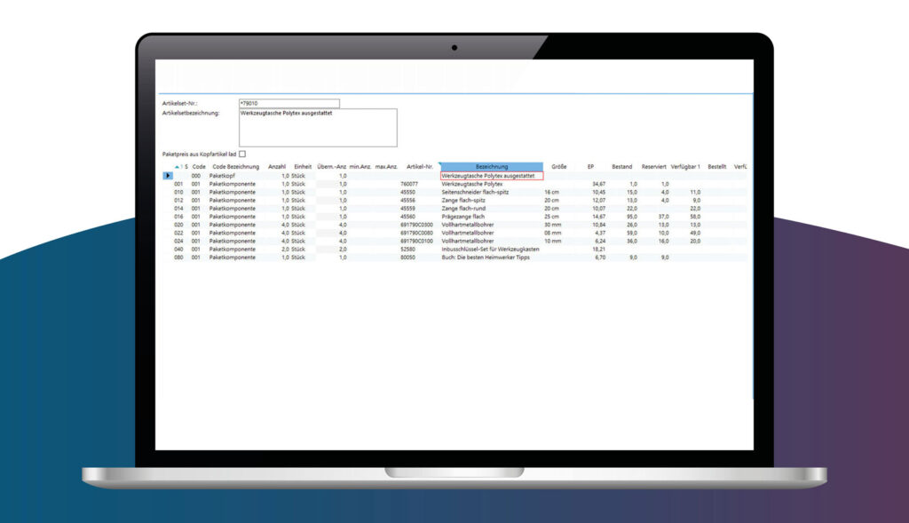 Screenshot ALPHAPLAN ERP-System Artikelsetsuche