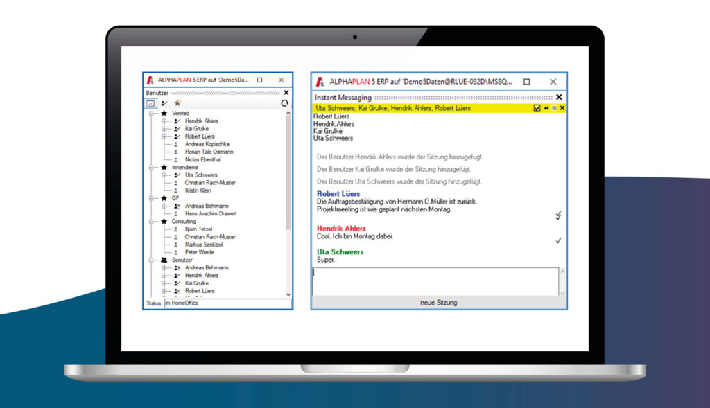 Screenshot ALPHAPLAN ERP-System Benutzerübersicht und Messaging