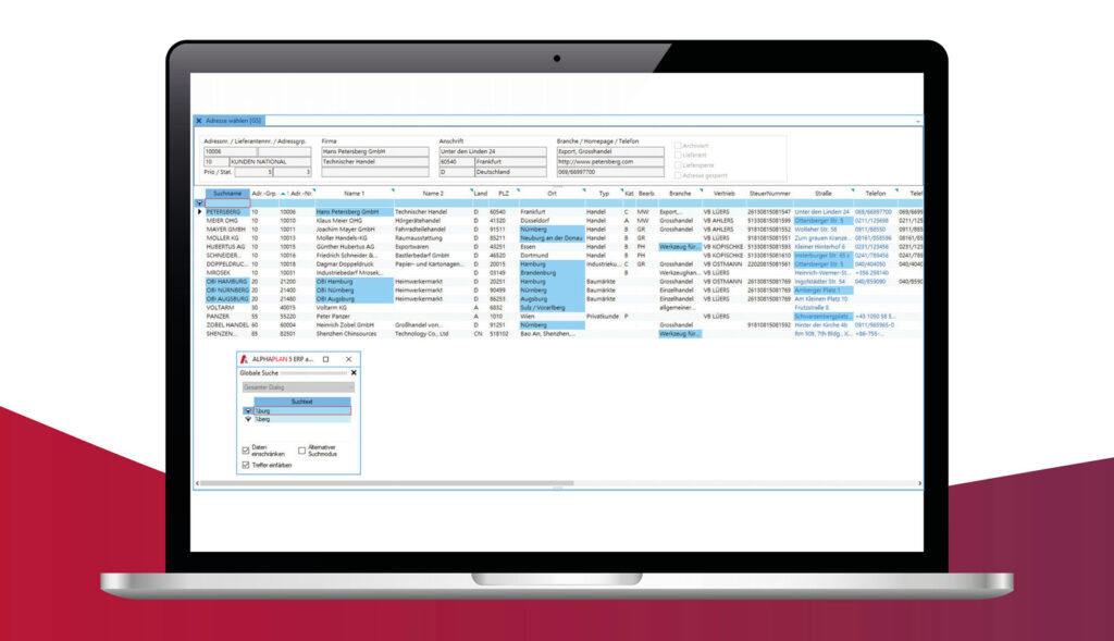 Screenshot ALPHAPLAN ERP-System Gobale Suche