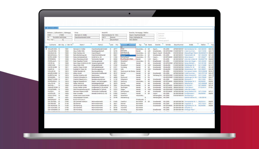 Screenshot ALPHAPLAN ERP-System Suchvorschläge